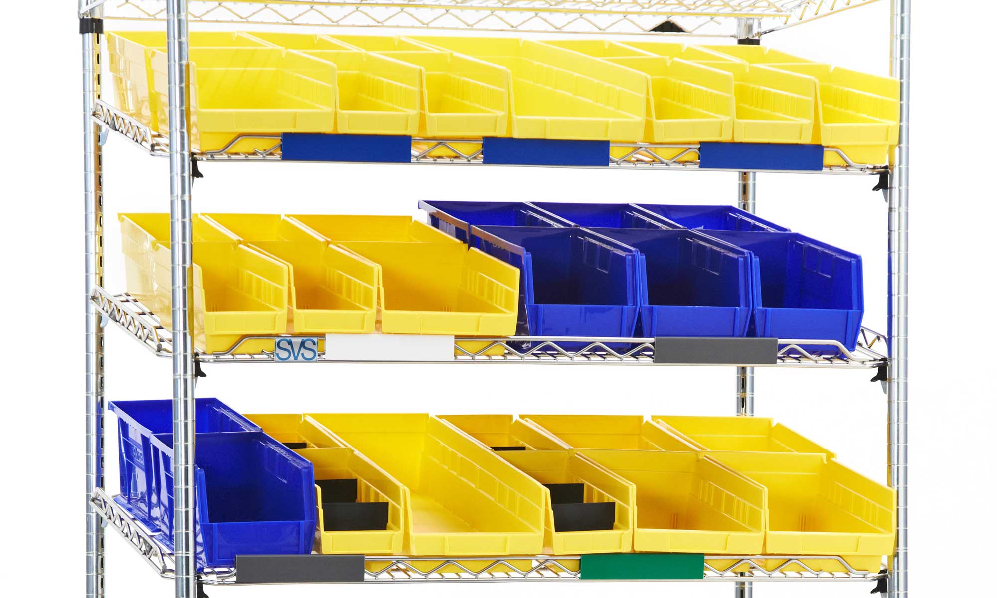 Plastic storage bins on wire shelving